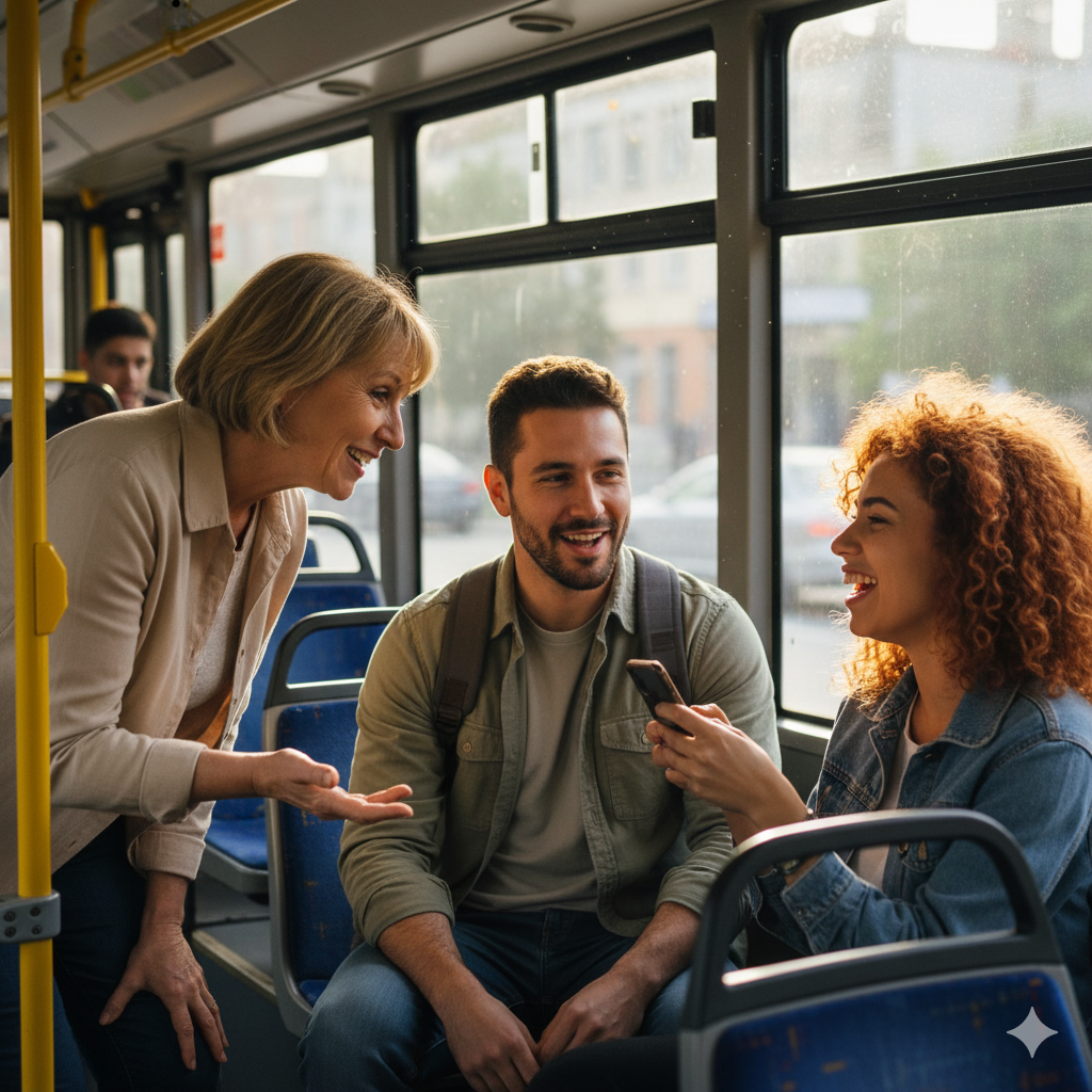 persone che parlano a uno sconosciuto in autobus