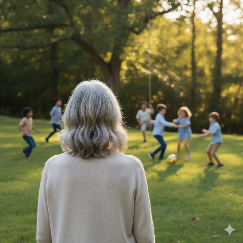 Una donna anziana con i capelli grigi osserva un gruppo di bambini che giocano in un parco verde durante un pomeriggio soleggiato.