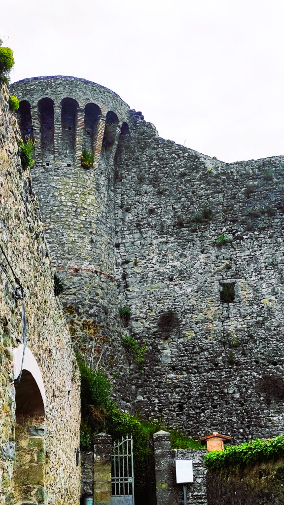 View of an old stone castle wall with a watchtower, surrounded by greenery and a cloudy sky.